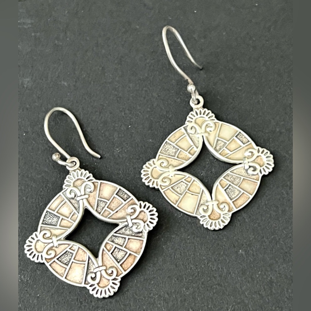 NINOS VTG Sterling Silver Niello Accented Round Geometric Dangle Earrings